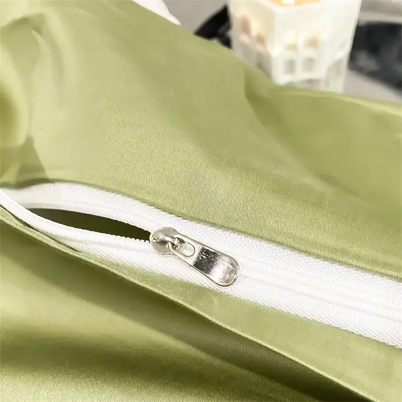 Olive-green satin pillowcase with white zipper and silver pull tab from decorbites soft egyptian cotton 1000tc bedding set
