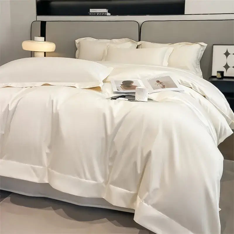White satin decorbites™ duvet cover with smooth glossy finish and neatly stitched edges in soft egyptian cotton 1000TC