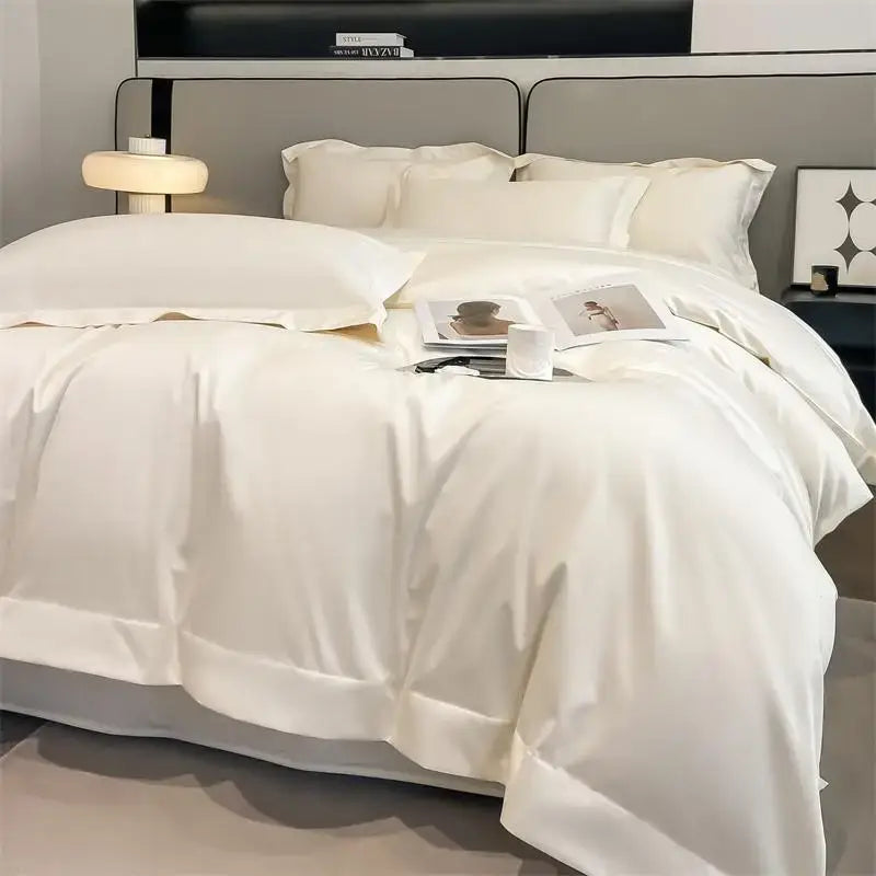 White satin decorbites™ duvet cover with smooth glossy finish and neatly stitched edges in soft egyptian cotton