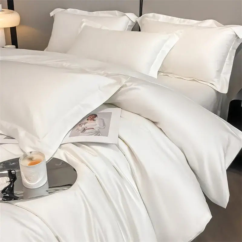 White satin decorbites™ soft egyptian cotton bedding set with smooth glossy finish fitted sheet and piece duvet cover