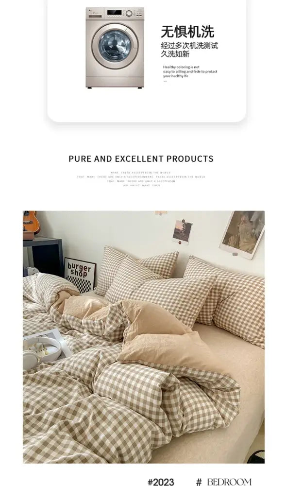 Beige and brown checkered pcs duvet cover set with cozy textured fabric in soft japanese style by decorbites