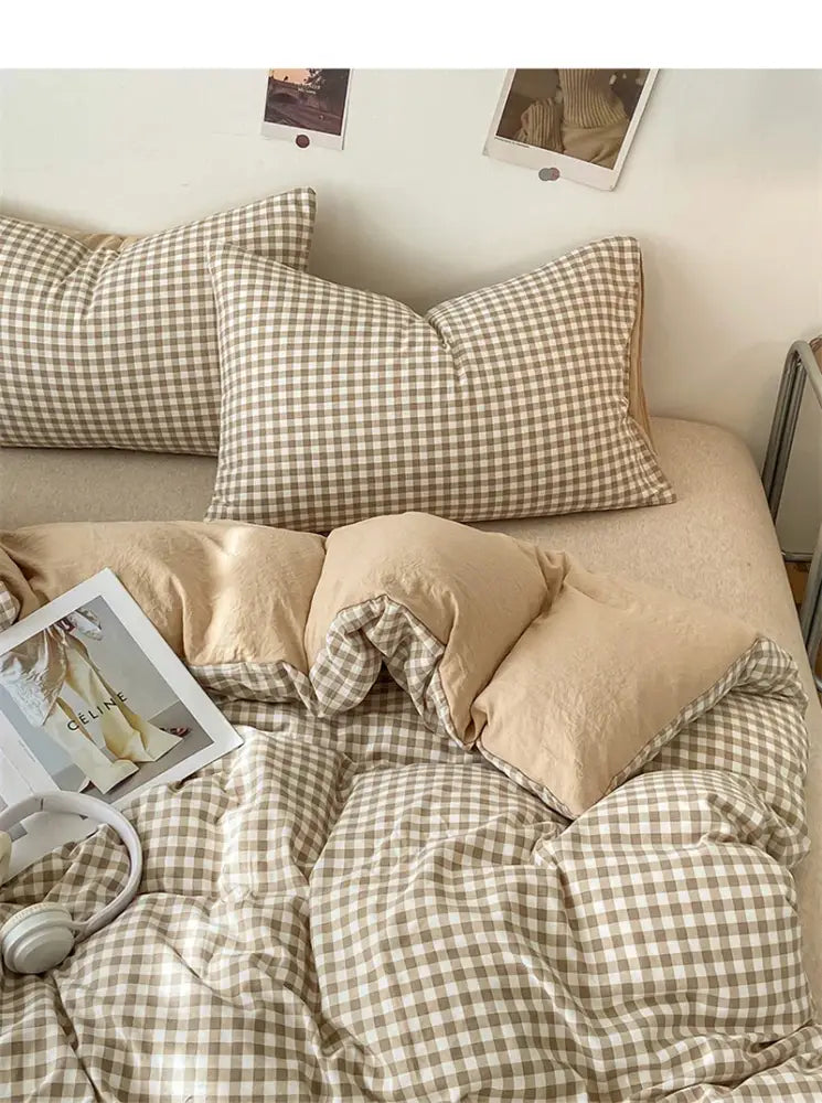Beige and white checkered quilted duvet cover set with matching pillows from decorbites soft japanese style pcs duvet cover