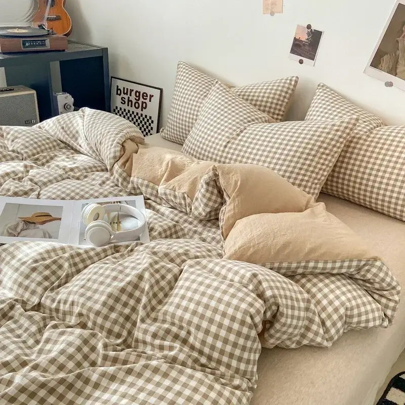 Beige and white checkered duvet cover set with matching pillows soft japanese style pcs duvet cover by decorbites