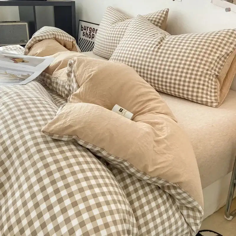 Beige and white checkered pcs duvet cover set by DecorBites soft cozy fabric ideal for comfortable bed sheets