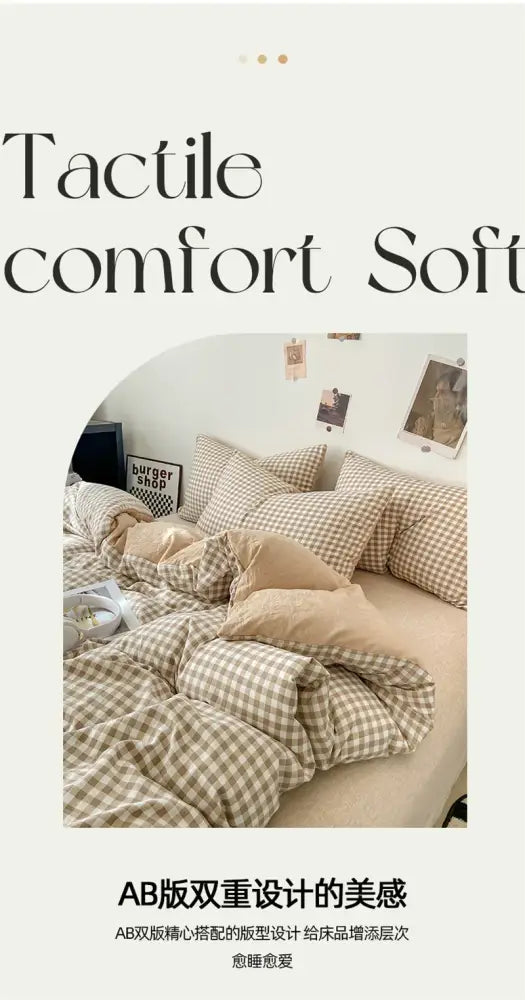 Beige and white checkered DecorBites™ pcs duvet cover set with soft tactile design for comfortable bed sheet use