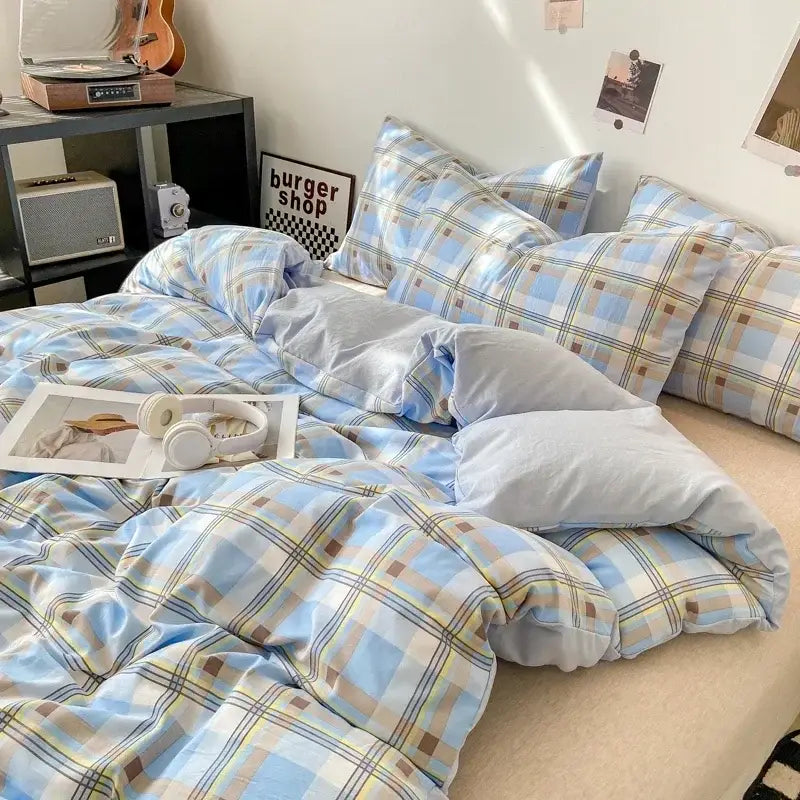 DecorBites™ soft Japanese style blue beige and brown plaid duvet cover set with matching pcs duvet cover and bed sheet