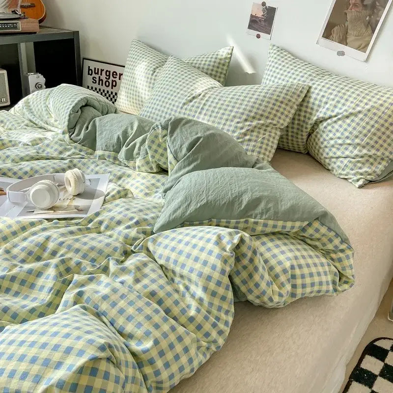 Cozy DecorBites™ soft Japanese style duvet cover set with soft green and light blue gingham pcs duvet cover and pillows