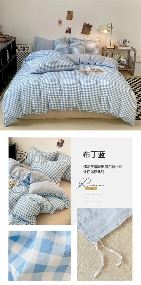 Decorbites soft japanese style duvet cover set in light blue and white gingham with textured fabric finish pcs duvet cover
