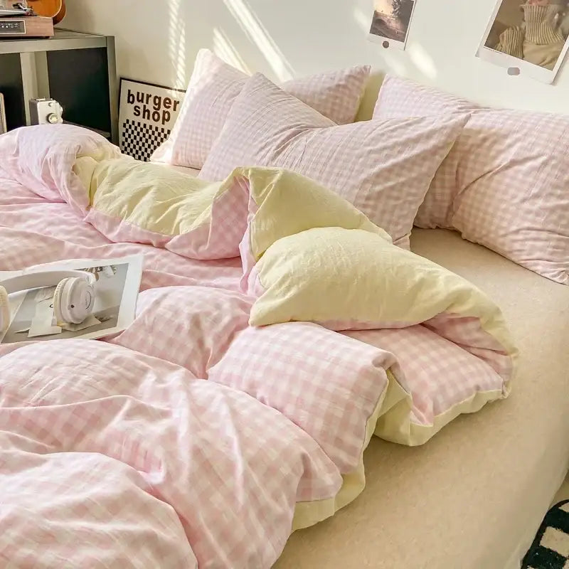 Decorbites™ soft japanese style pastel pink and pale yellow gingham pcs duvet cover set with quilted texture