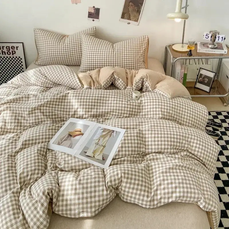 Plush beige and white checkered decorbites™ duvet cover set with cozy quilted texture perfect for bed sheet use