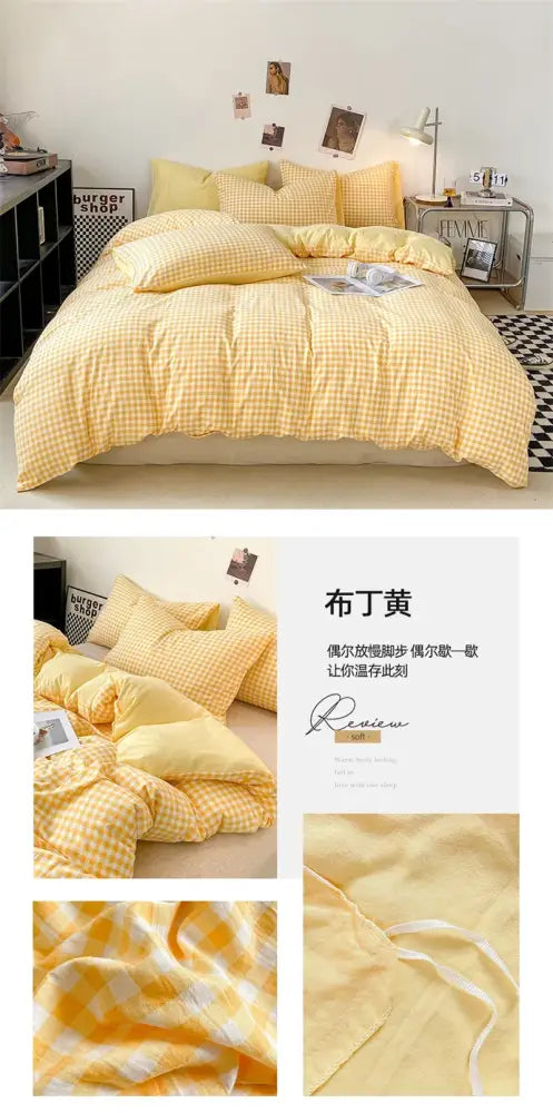Decorbites™ soft japanese style duvet cover set yellow and white checkered pcs duvet cover with cotton-like texture