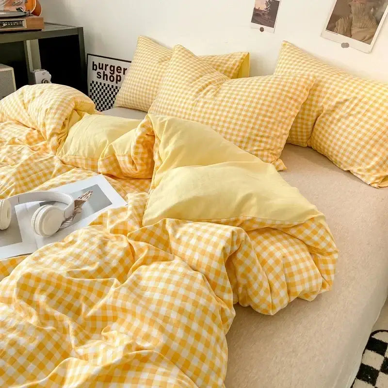 Decorbites™ soft japanese style duvet cover set in yellow and white gingham with plush fabric pcs duvet cover and bed sheet