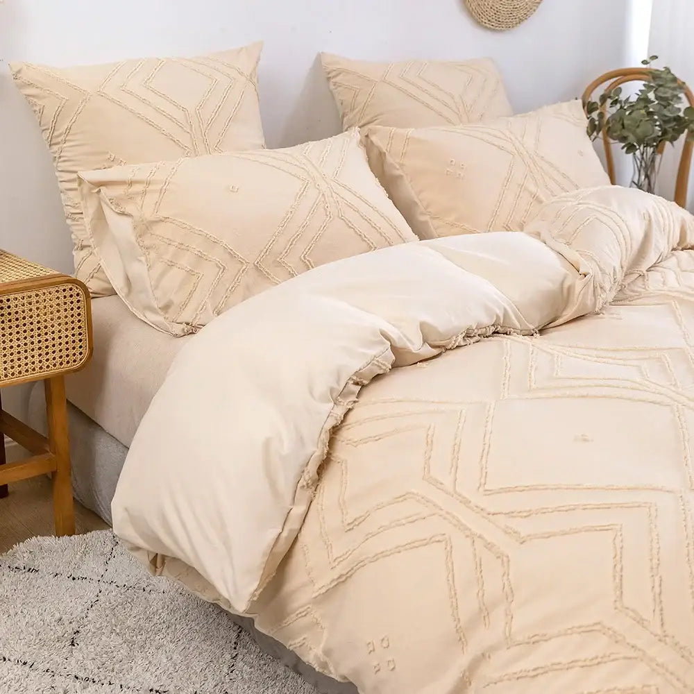 Beige geometric embroidery soft tufted microfiber duvet cover set with ruffled edges and textured pattern by DecorBites