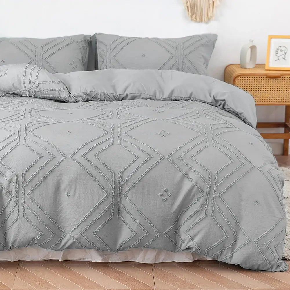 Gray quilted microfiber duvet cover set with geometric embroidery pattern from DecorBites soft tufted cover set