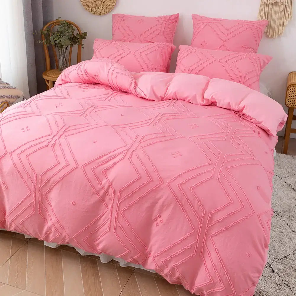 Pink geometric embroidery duvet cover set with soft textured microfiber fabric from decorbites soft tufted collection