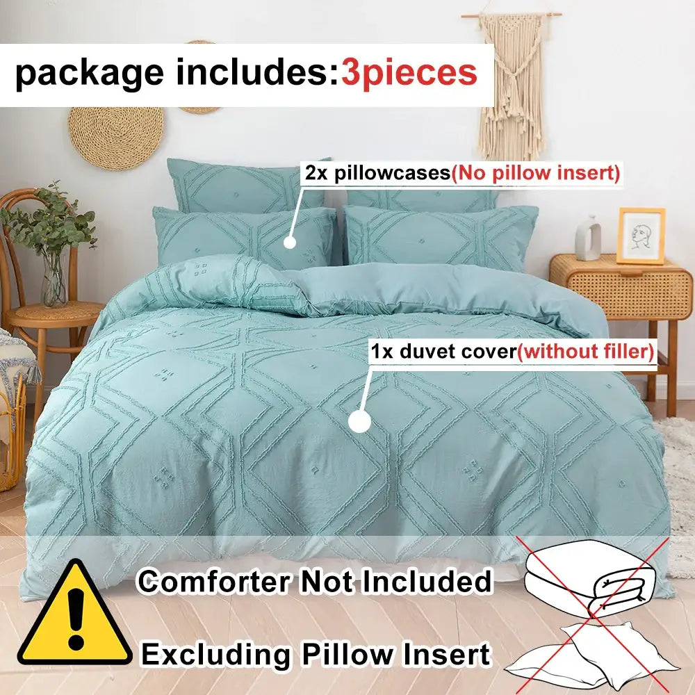 Teal geometric embroidered duvet cover set in DecorBites™ soft tufted microfiber cover set for bedding use
