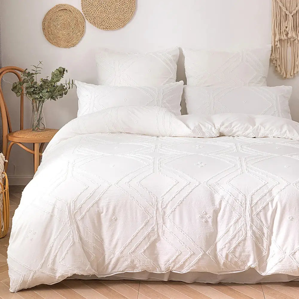 Decorbites soft tufted microfiber duvet cover set in white with geometric embroidery pattern and textured design