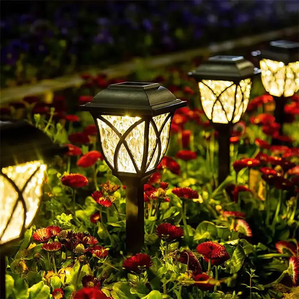 DecorBites™ solar lawn lights with black textured glass and intricate crisscross design for outdoor garden use
