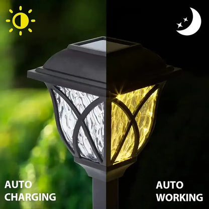 Black DecorBites™ solar lawn lights with textured glass panel and decorative metal frame for outdoor garden use