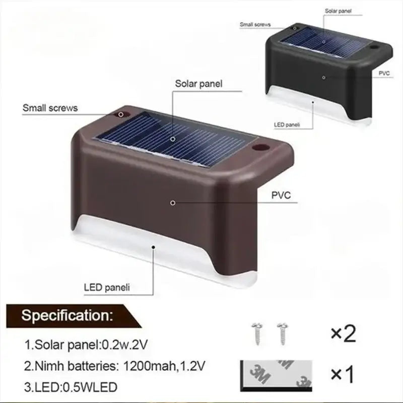 Decorbites™ solar led outdoor stair lights set in brown and white pvc with blue-tinted led panel for solar led lighting
