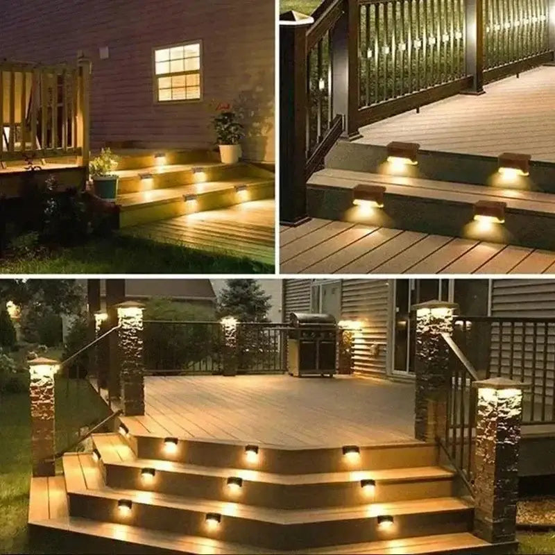 Decorbites™ solar led outdoor stair lights set features warm-toned recessed step lights on wooden deck stairs