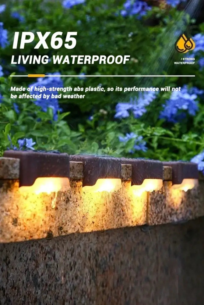 DecorBites™ solar led outdoor stair lights with warm yellow bulbs and rugged dark brown plastic housing on stone wall