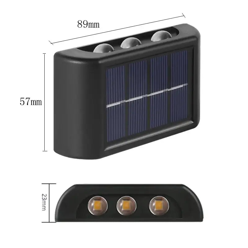DecorBites™ solar led outdoor wall light in black with three lamp beads and a blue solar panel for energy-efficient lighting