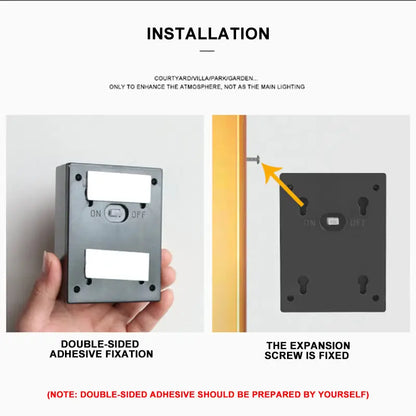 Black rectangular DecorBites solar outdoor led lights with on/off switch and two mounting options for garden decoration