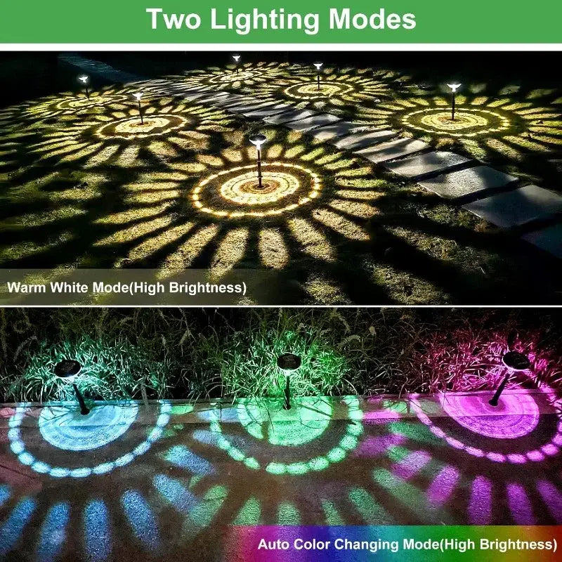 Decorbites solar pathway lights 6 pack with color changing and warm white led casting intricate circular patterns