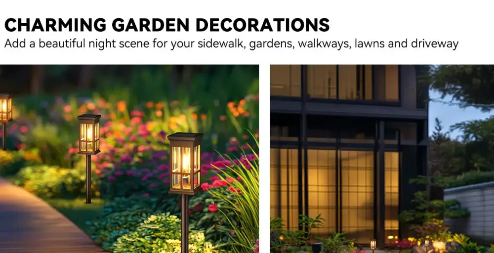 Black metal decorbites™ solar pathway lights with warm yellow glass panels for bright outdoor pathway lighting