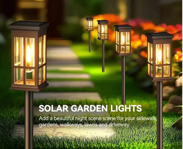 Decorbites™ solar pathway lights brown lantern style with glass panels and warm yellow illumination for outdoor use