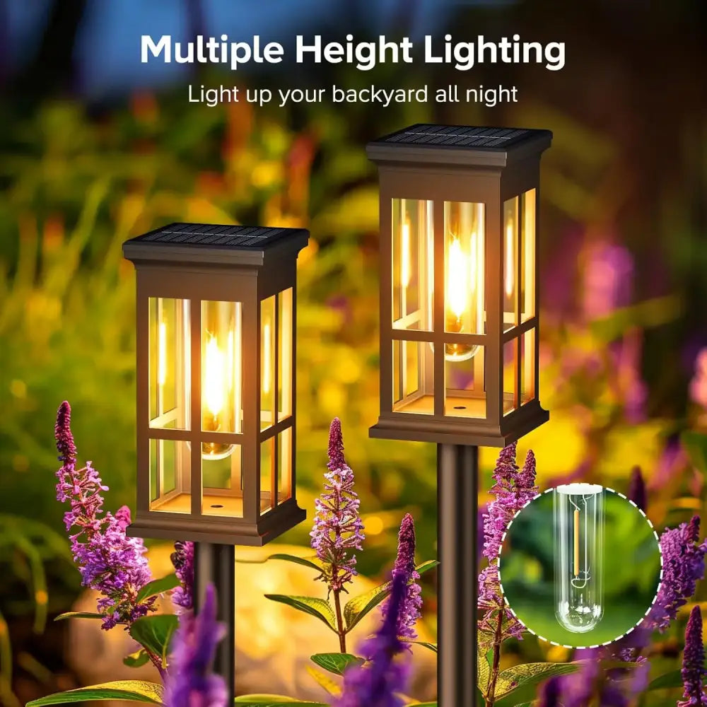DecorBites™ solar pathway lights in brown lantern style with clear glass and warm yellow LED for bright outdoor use