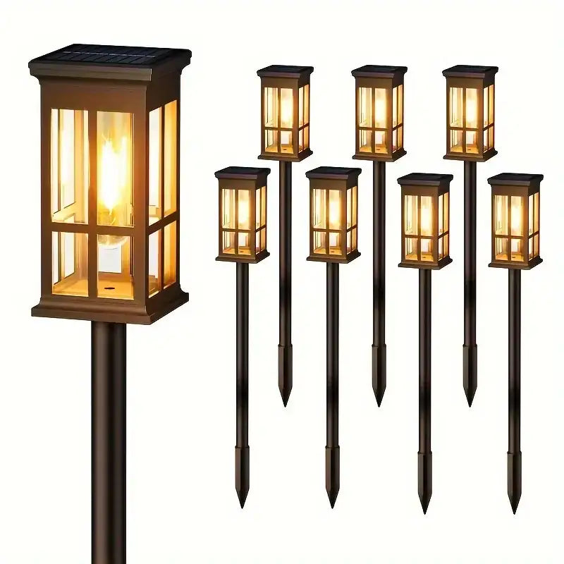 Set of eight brown decorbites™ solar pathway lights with warm yellow glow for bright outdoor lighting