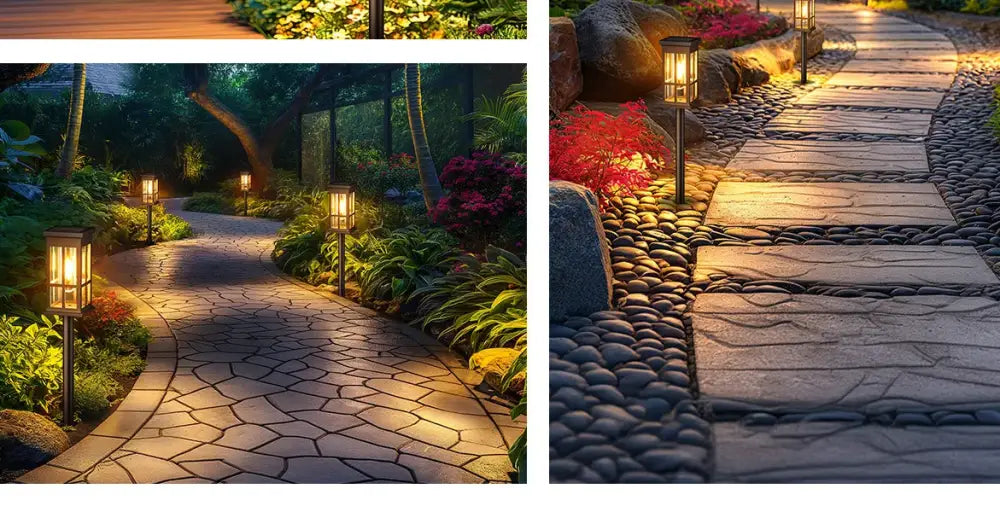 Decorbites™ solar pathway lights warm-toned solar-powered lanterns with rustic design illuminating stone pathways