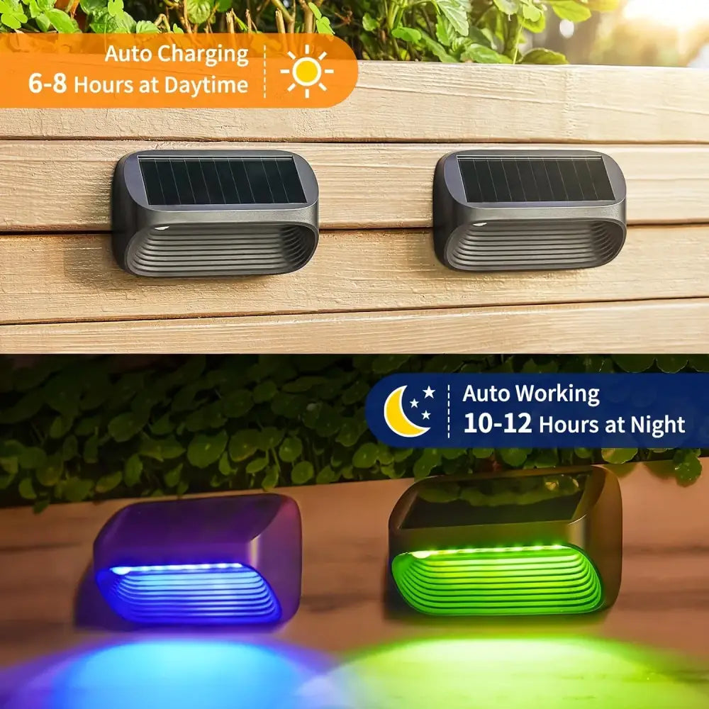 Decorbites™ solar-powered fence lights with sleek black ribbed design and blue or green led illumination for yard lighting