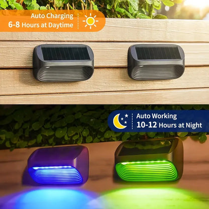 Decorbites™ solar-powered fence lights with sleek black ribbed design and blue or green led illumination for yard lighting