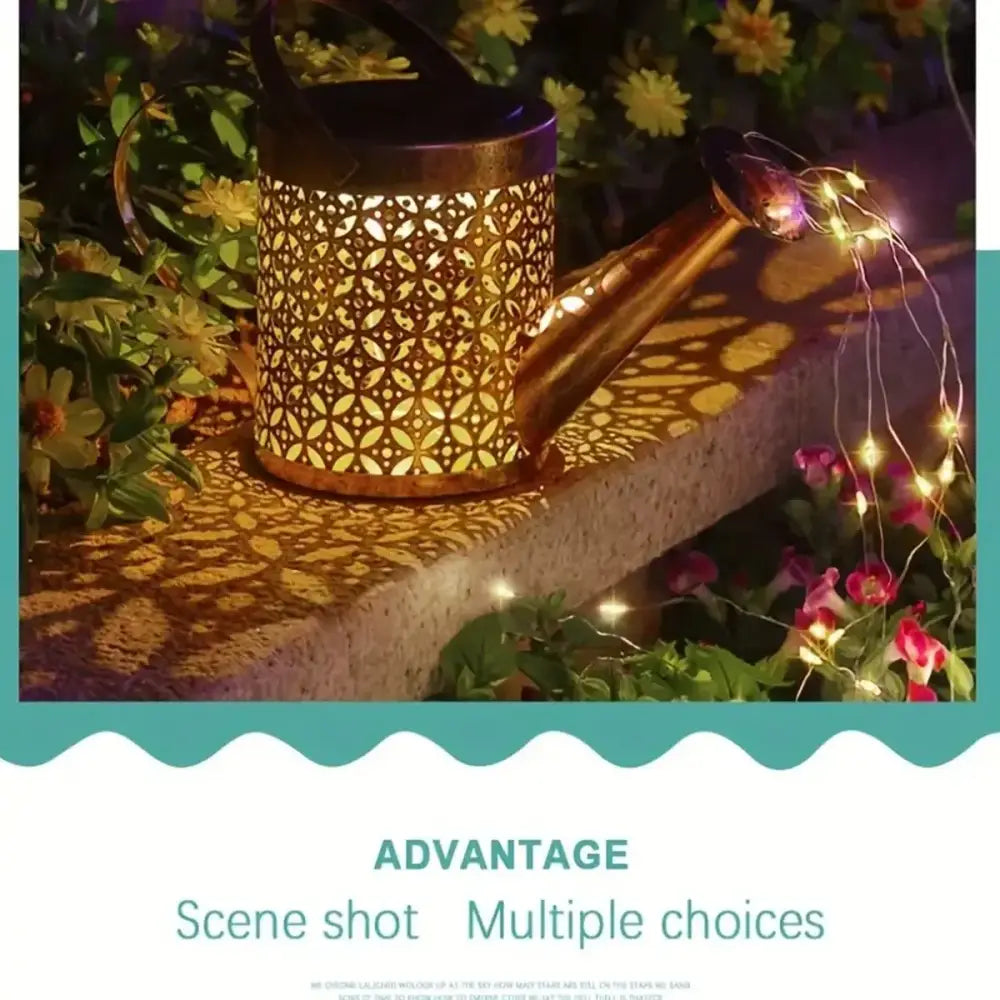 Golden intricately patterned metal solar watering can with led lights for outdoor decor enhancing your outdoor space