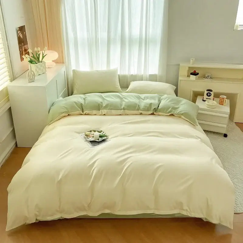 Cream-colored solid color duvet cover set with soft mint green accent panel made of brush fabric by decorbites