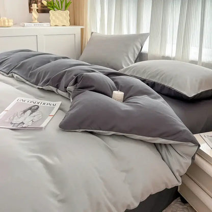 Gray velvet solid color duvet cover set with brush fabric and lighter gray trim by decorbites 4 pieces