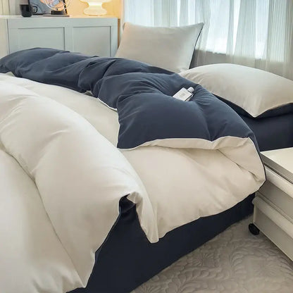 Navy blue and cream two-toned solid color brush fabric duvet cover from decorbites 4 piece bedding set