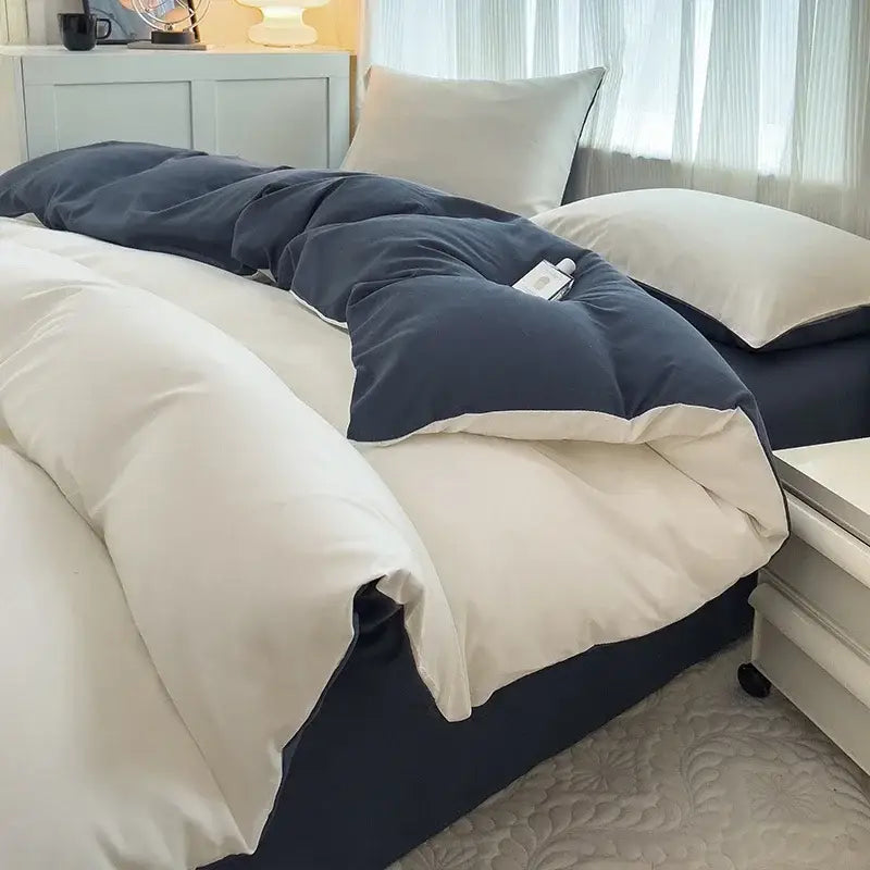 Navy blue and cream two-tone quilted duvet cover set in solid color brush fabric from decorbites 4 pieces bedding set