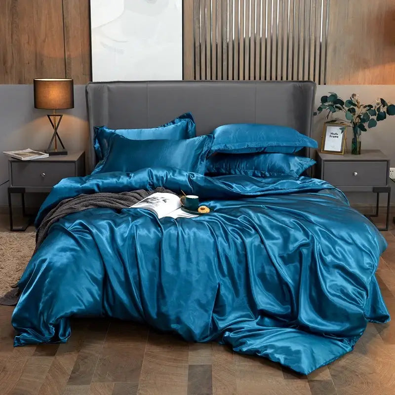 Decorbites solid color luxury rayon satin bedding set in lustrous teal with silky reflective finish for width bed pcduvet cover