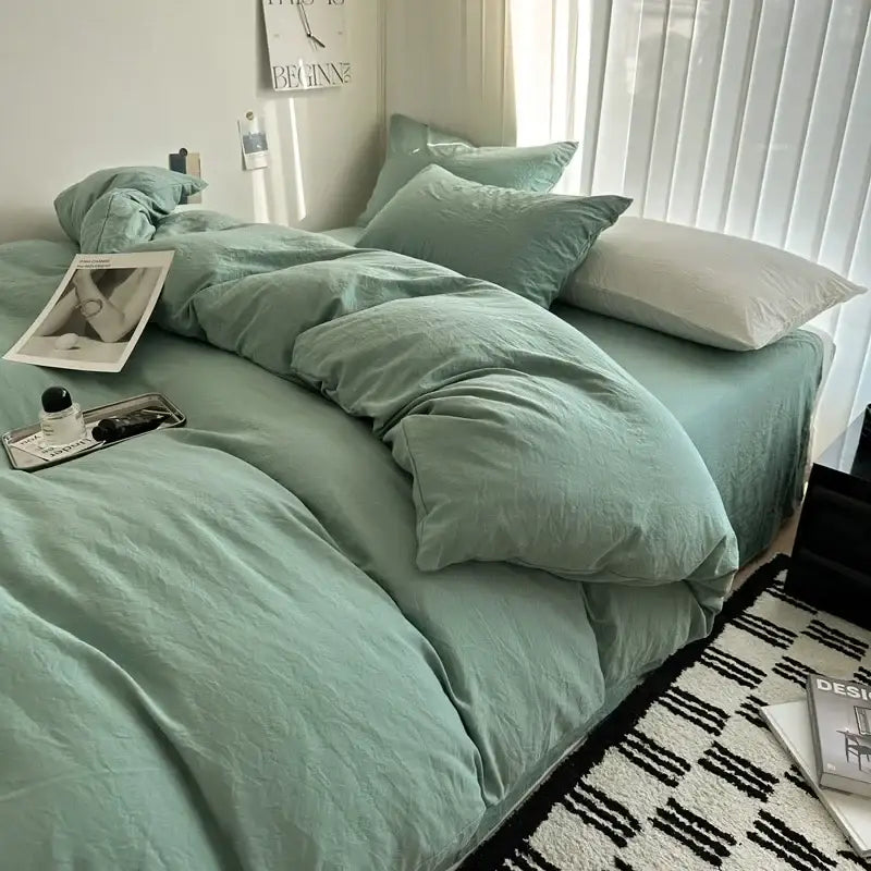 DecorBites™ solid cotton bedding set in mint green featuring a linen duvet cover and matching pillows with textured finish