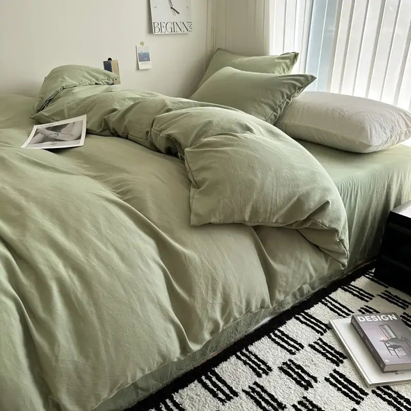 DecorBites™ solid cotton bedding set in soft sage green with duvet cover and matching pillowcases in textured fabric