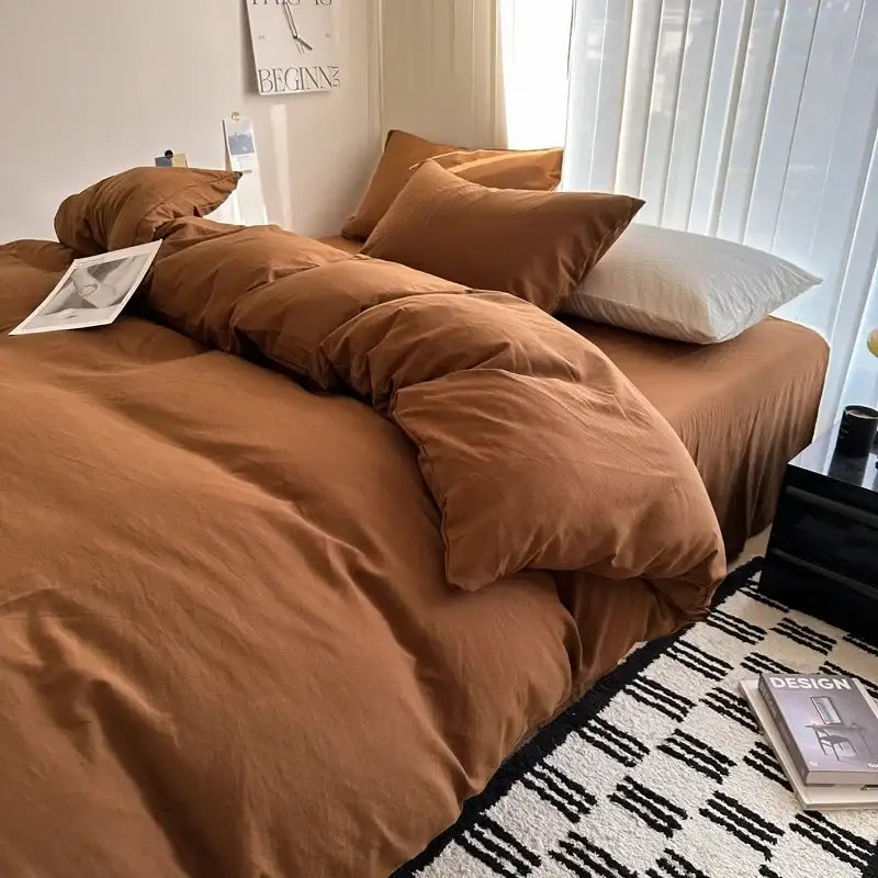Warm brown decorbites™ solid cotton bedding set with plush duvet cover and matching pillows in various sizes
