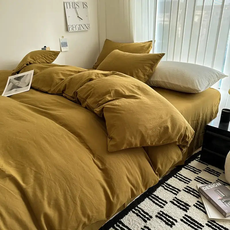 Decorbites™ solid cotton bedding set in warm mustard color featuring soft textured fabric and matching duvet cover pillows