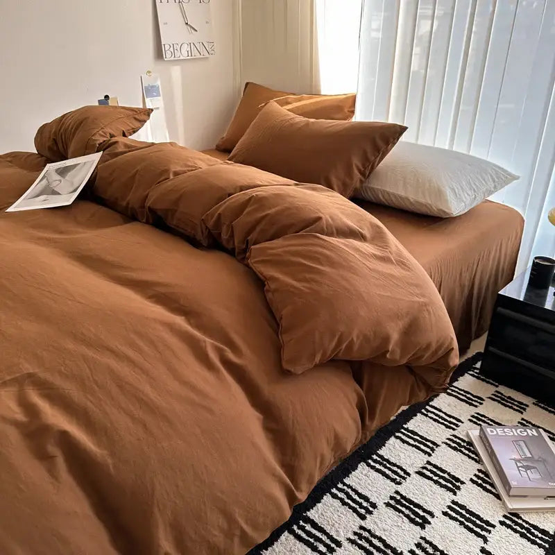 DecorBites™ solid cotton bedding set in warm brown featuring a duvet cover and matching pillows with soft fabric