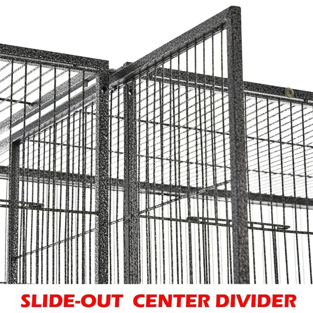 Black wrought iron double flight bird cage featuring a slide-out center divider and breeding nest doors by DecorBites