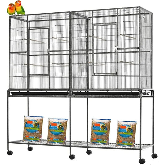 Black wrought iron double flight bird cage with breeding nest doors and multiple compartments on wheels by DecorBites