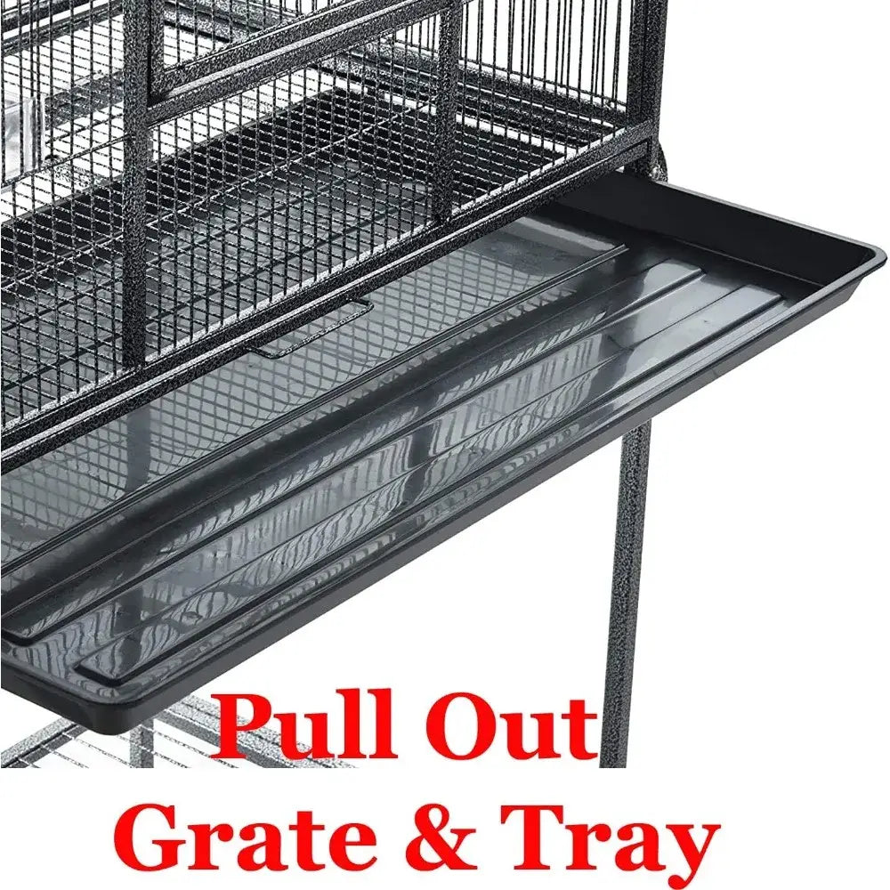 Black wrought iron double flight bird cage with pull-out tray grate and breeding nest doors by DecorBites